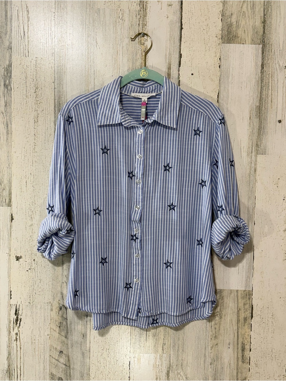 Blue & White Striped Lightweight Star Embroidered Button-Up Shirt
